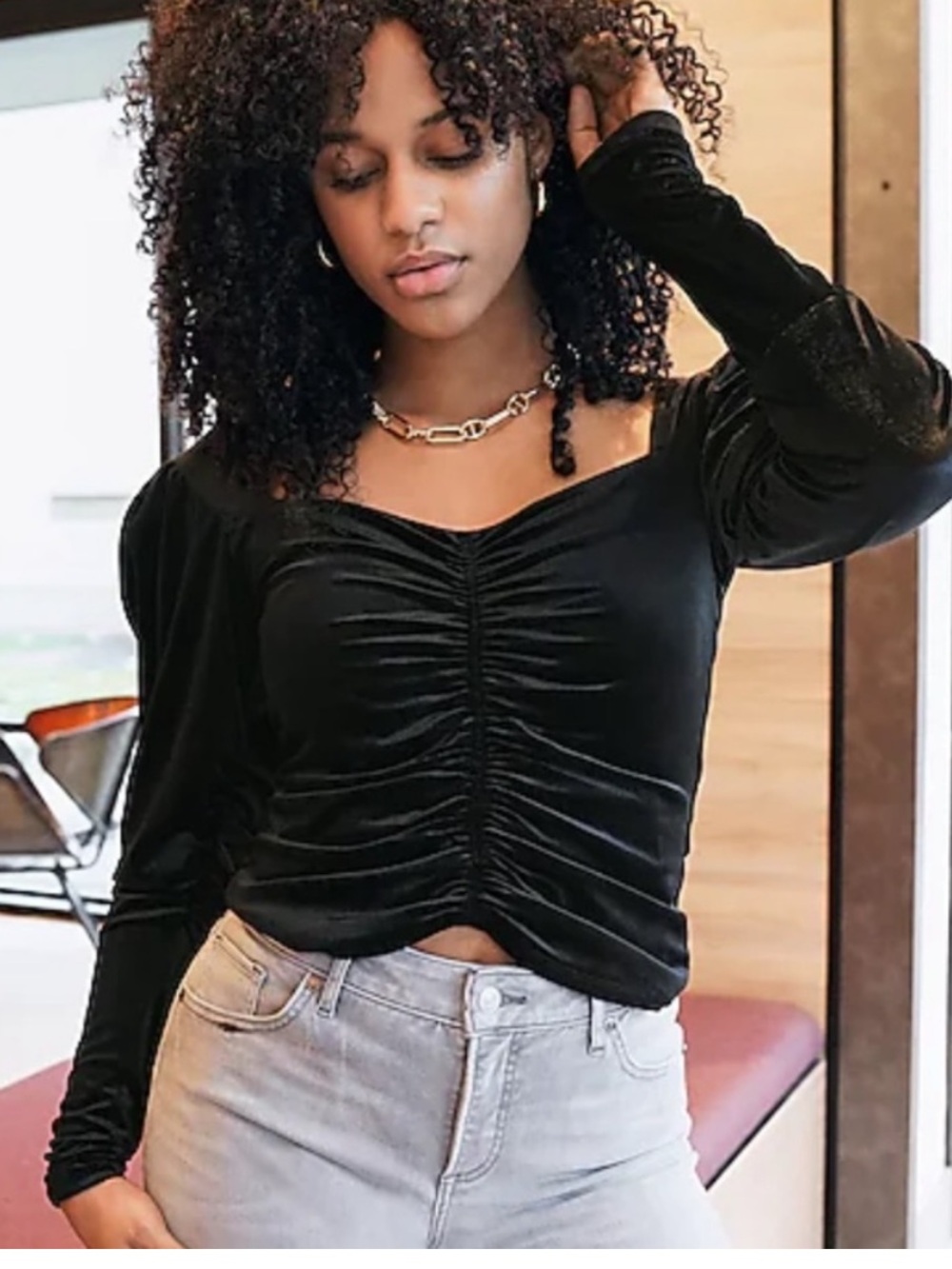 Express Woman Black Velvet Long Puff Sleeve Blouse Ruched Whimsygoth Witchy
